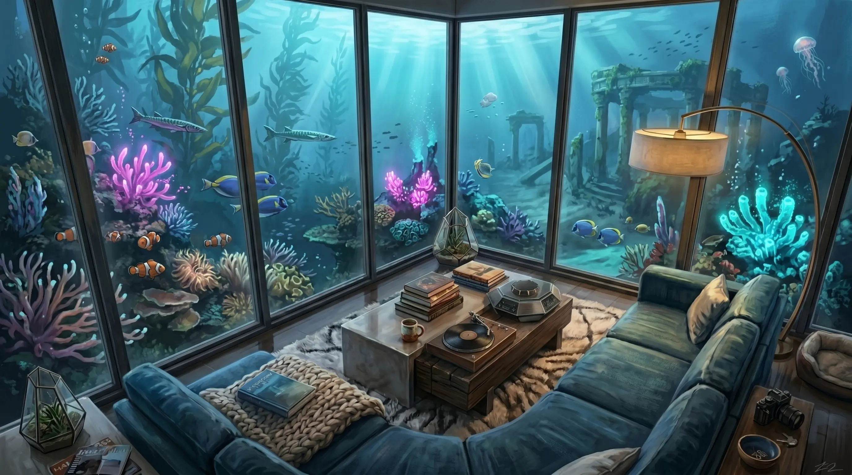 Underwater ancient ruins view