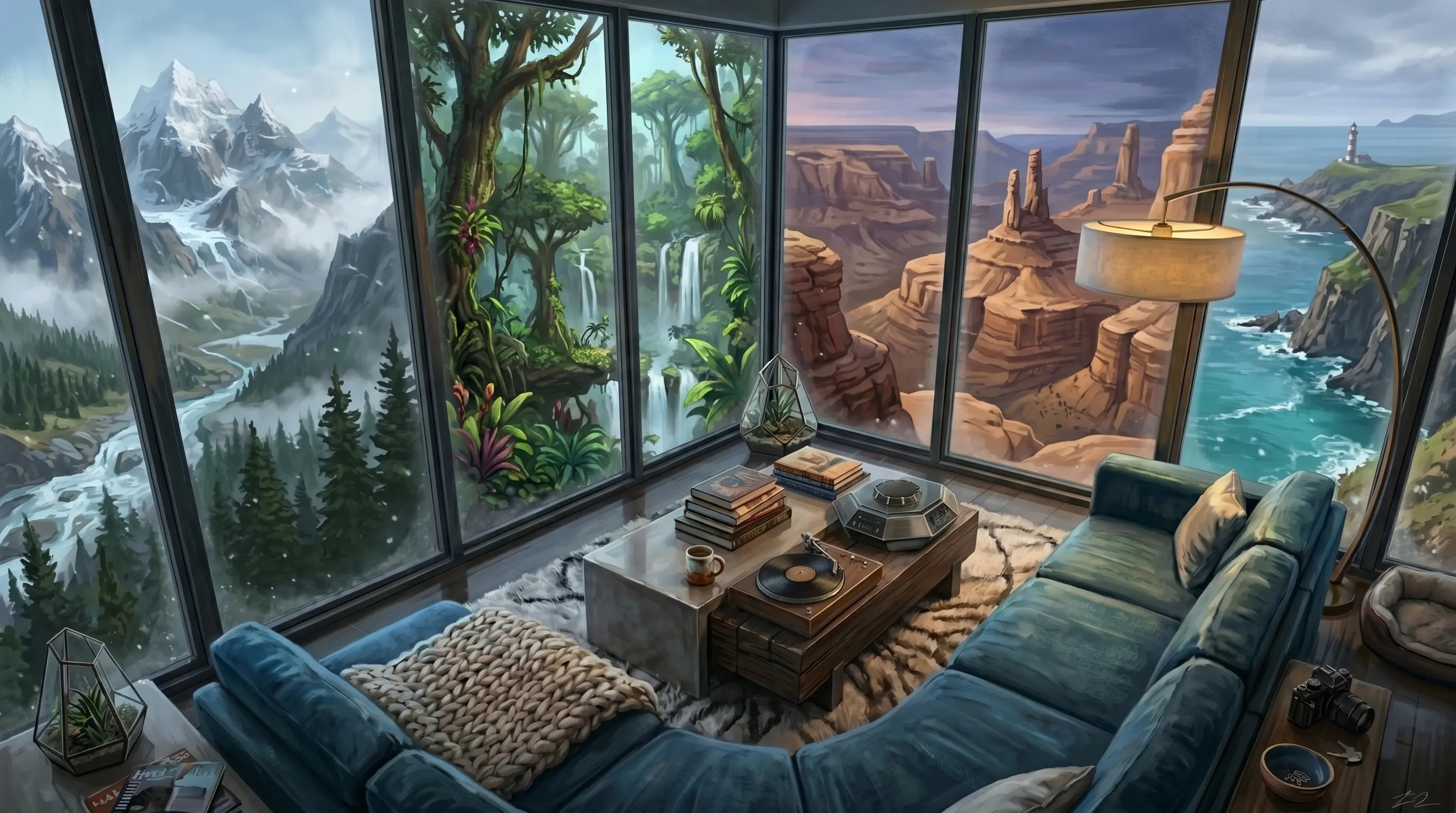 Mixed-climate canyon and waterfall view