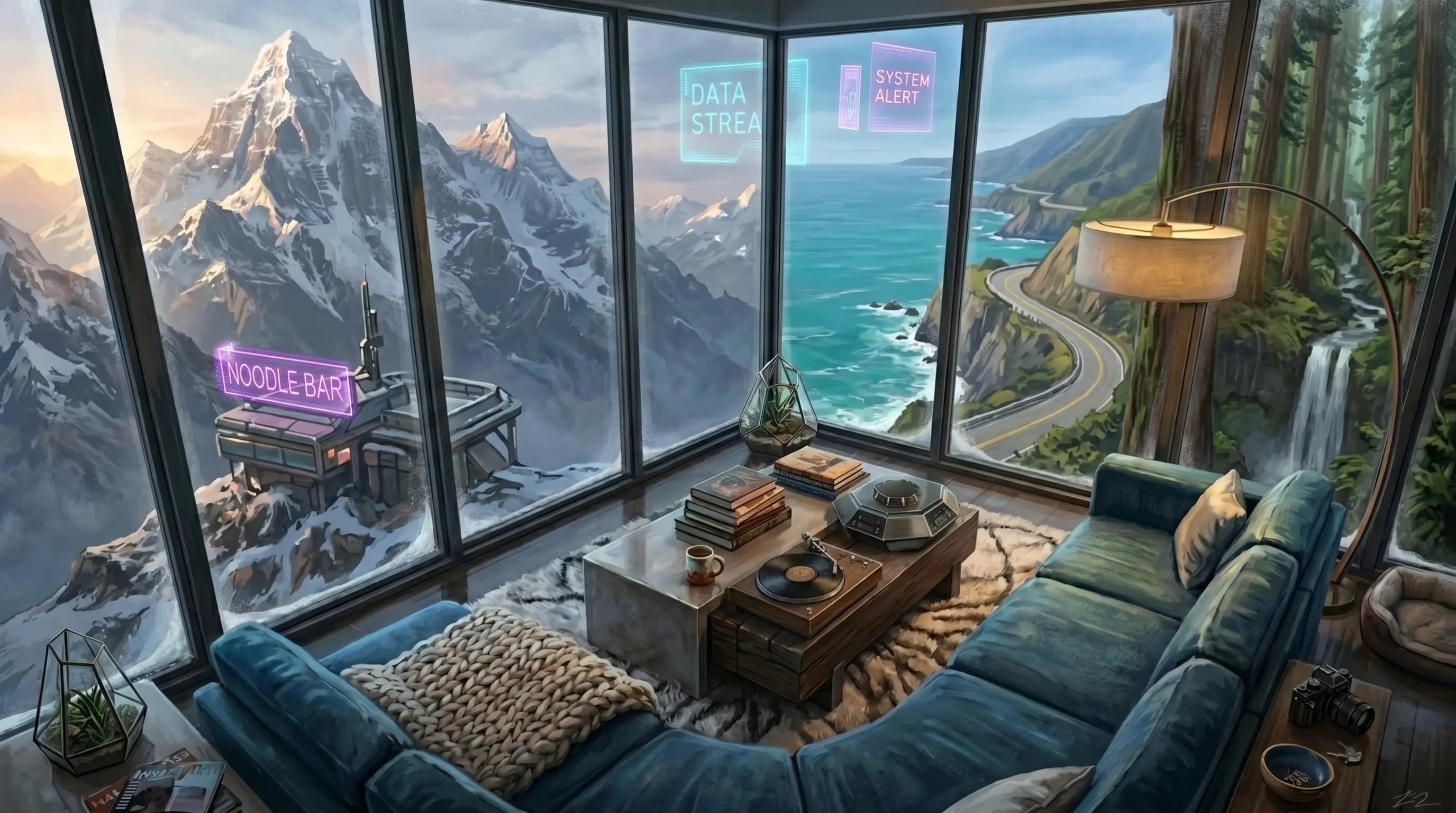 Cyberpunk mountain coast view