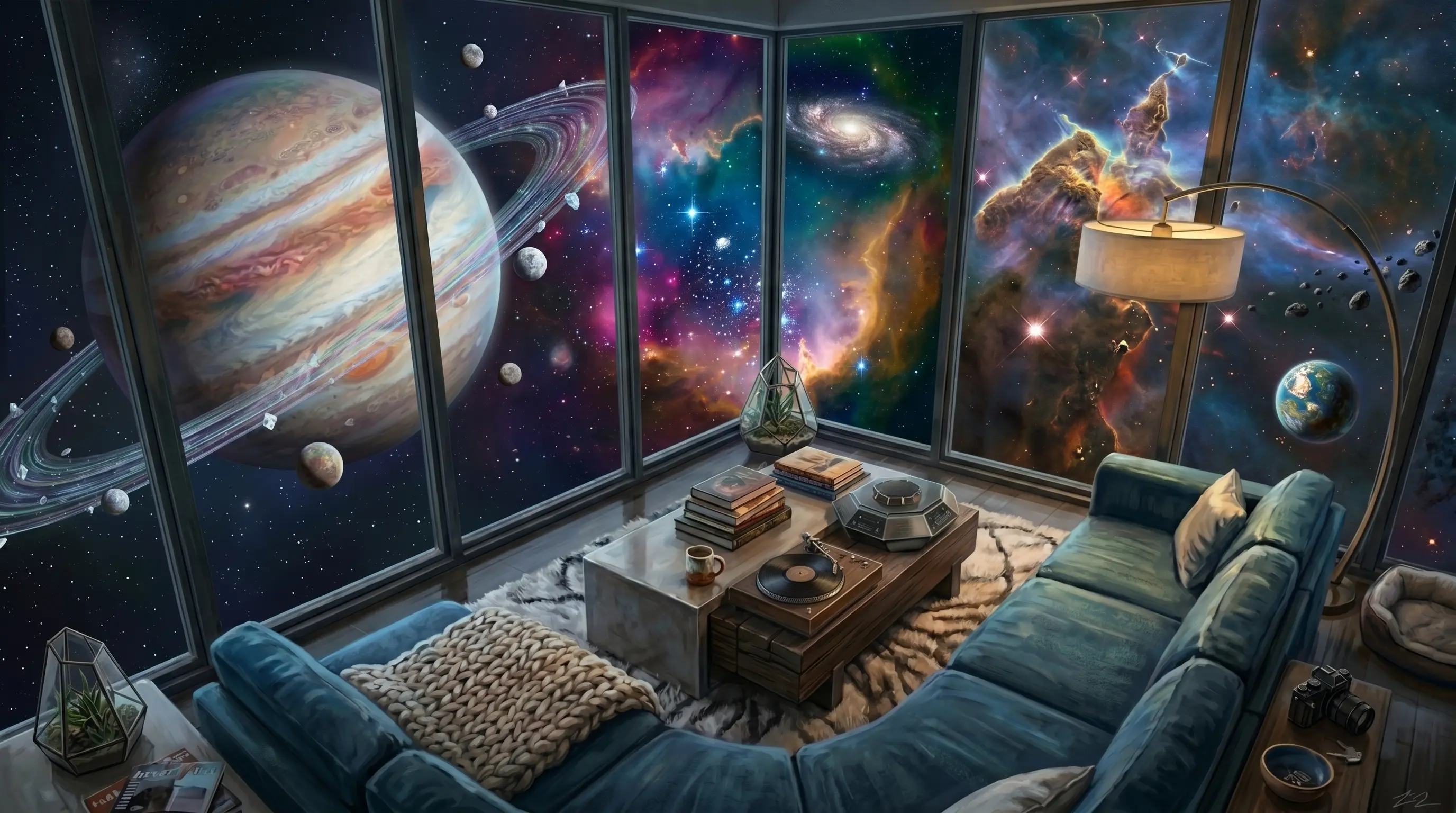 Deep space planets and nebula view