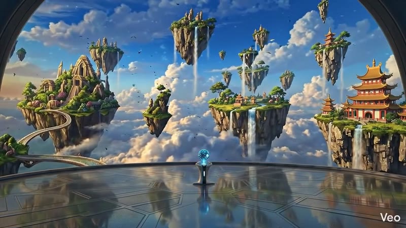 Floating islands hologram over a sunset balcony