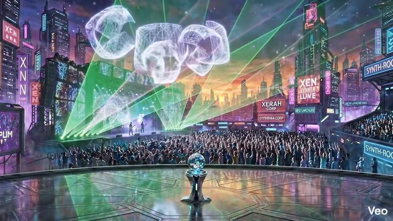 Rock concert hologram at sunset