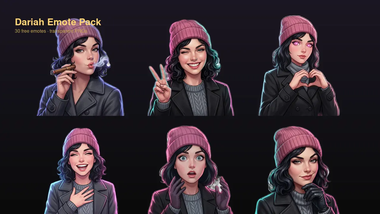 Six Dariah emotes in a grid showing different expressions